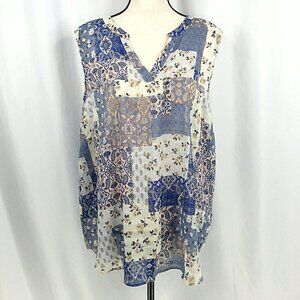 Maurices Patchwork Tank Top Womens Plus Size 2X Blue Ivory Floral Paisley Sheer